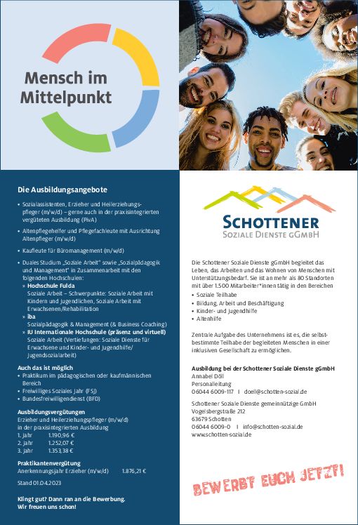 Stellenanzeige Bachelor of Arts (m/w/d) Sozialpädagogik & Management ( iba Kassel) bei Schottener Soziale Dienste gemeinnützige GmbH