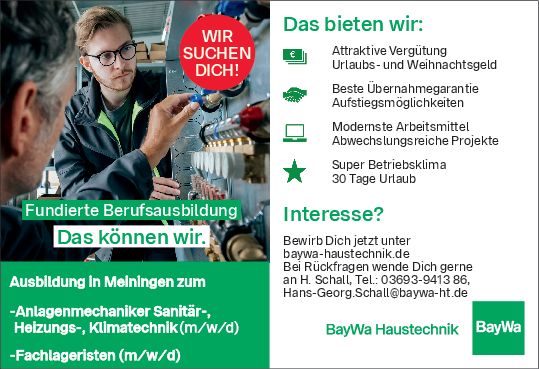 Stellenanzeige Anlagenmechaniker Sanitär-, Heizungs- und Klimatechnik (m/w/d) bei BayWa Haustechnik GmbH Meiningen