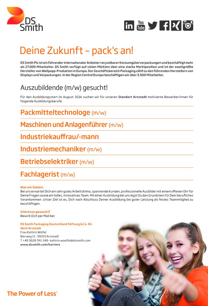 Stellenanzeige Packmitteltechnologe (m/w/d) bei DS Smith Packaging Arnstadt GmbH