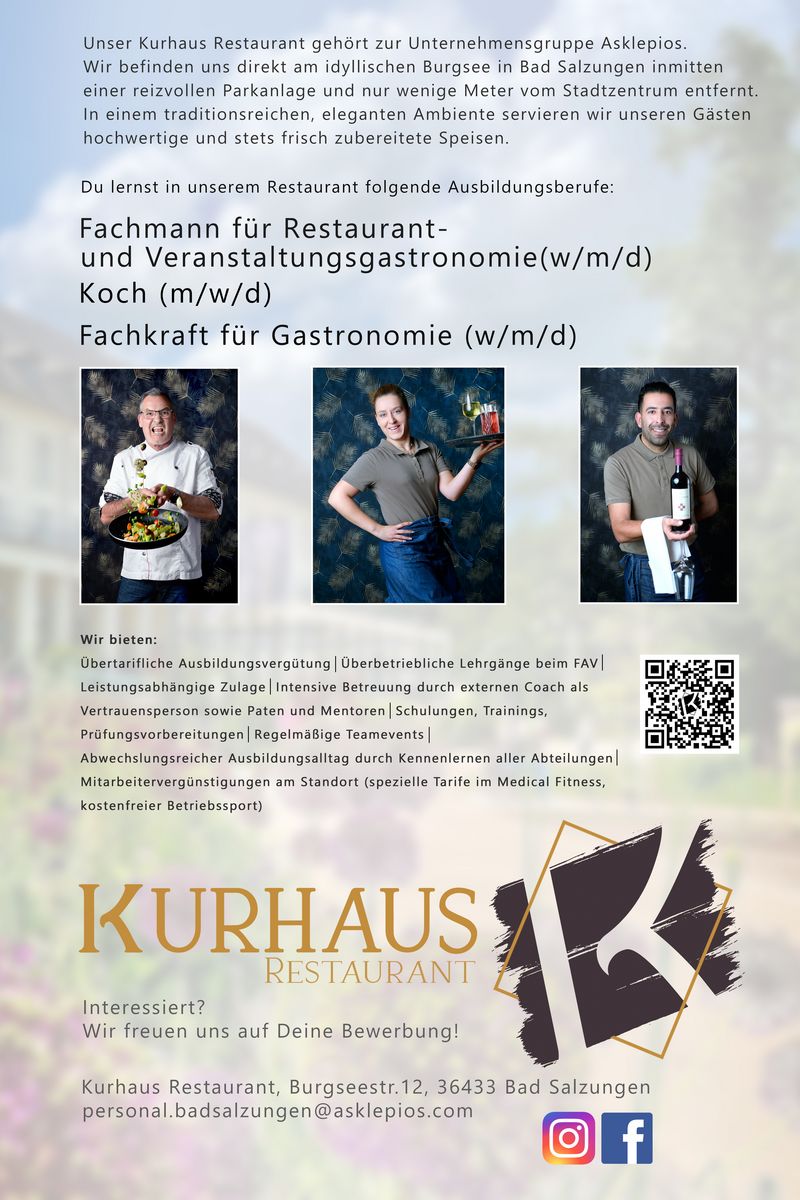 Stellenanzeige Fachmann (m/w/d) für Restaurants und Veranstaltungsgastronomie - ehemals Restaurantfachmann (m/w/d) bei KURHAUS am Burgsee & Hotel Haus Hufeland
