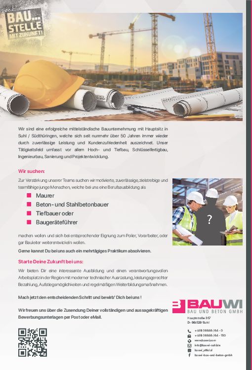Stellenanzeige Beton-/ Stahlbetonbauer (m/w/d) bei BAUWI Bau und Beton GmbH