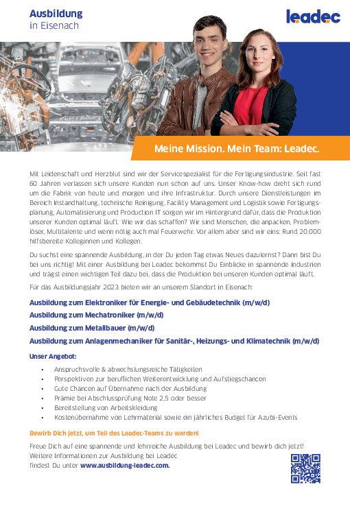 Stellenanzeige Metallbauer (m/w/d) bei Leadec BV & Co. KG Niederlassung Eisenach