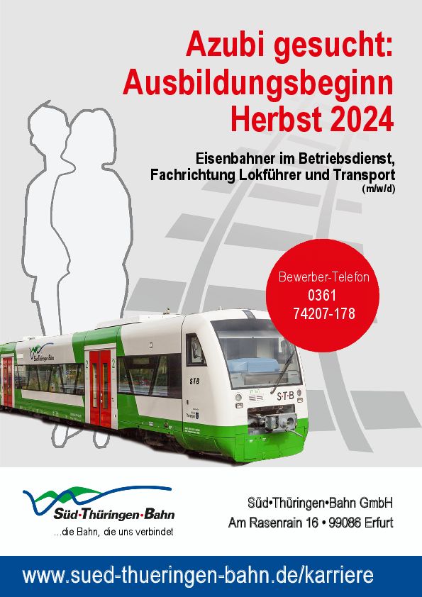 Stellenanzeige Eisenbahner (m/w/d) im Betriebsdienst FR Lokführer (m/w/d) und Transport bei Süd-Thüringen-Bahn GmbH