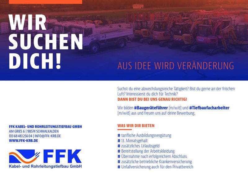 Stellenanzeige Tiefbaufacharbeiter (m/w/d) bei FFK Kabel- und Rohrleitungstiefbau GmbH